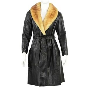 70s Vintage Leather Trench Coat Womens L Shearling Fur Collar Belted Black USA